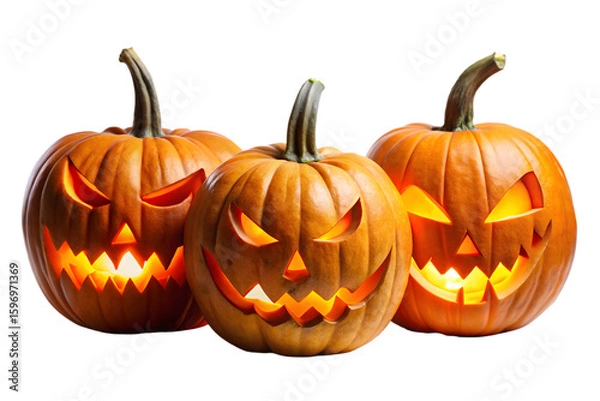 Obraz Three carved pumpkins with glowing lights and scary faces, ready for halloween night, isolated on a transparent background