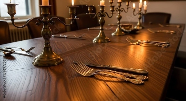 Fototapeta A long wooden table is set with silverware and lit by several candelabras, creating a warm, inviting atmosphere.