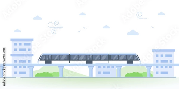 Fototapeta Vector illustration of a modern monorail train traveling on an elevated track through a city, representing sustainable transportation and urban infrastructure.