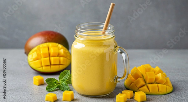 Fototapeta Delicious Mango Smoothie in a Mason Jar with Fresh Fruit and Mint