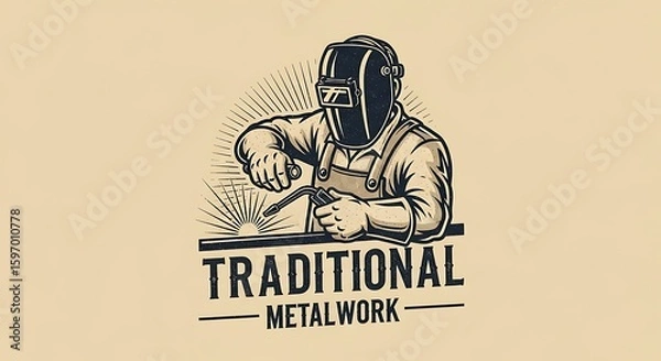 Fototapeta Illustration of a welder wearing a mask, working on metal with the text "Traditional Metalwork" below.