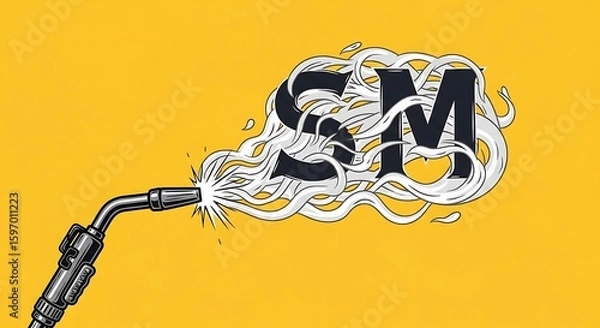 Fototapeta A welding torch emits smoke shaped into the letters "SM" against a yellow background.