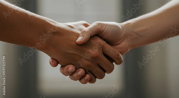 Fototapeta Two hands shaking signifying agreement collaboration or partnership in a neutral setting.