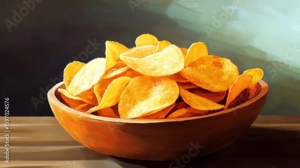Obraz Showcase a tempting real picture of a bowl overflowing with perfectly crisp potato chips, glistening with a light sprinkle of sea salt, capturing their golden color and inviting crunch