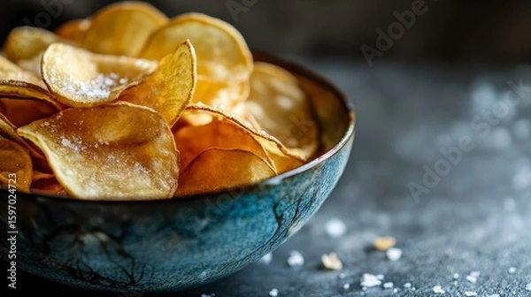 Obraz Showcase a tempting real picture of a bowl overflowing with perfectly crisp potato chips, glistening with a light sprinkle of sea salt, capturing their golden color and inviting crunch
