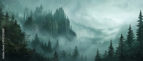 Obraz Morning landscape of a forested mountain shrouded in mist