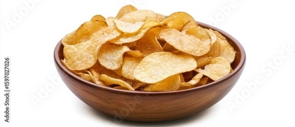 Fototapeta Showcase a tempting real picture of a bowl overflowing with perfectly crisp potato chips, glistening with a light sprinkle of sea salt, capturing their golden color and inviting crunch