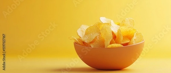 Obraz Showcase a tempting real picture of a bowl overflowing with perfectly crisp potato chips, glistening with a light sprinkle of sea salt, capturing their golden color and inviting crunch