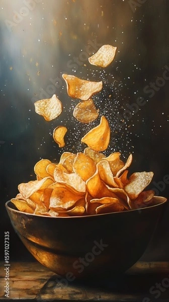 Obraz Showcase a tempting real picture of a bowl overflowing with perfectly crisp potato chips, glistening with a light sprinkle of sea salt, capturing their golden color and inviting crunch