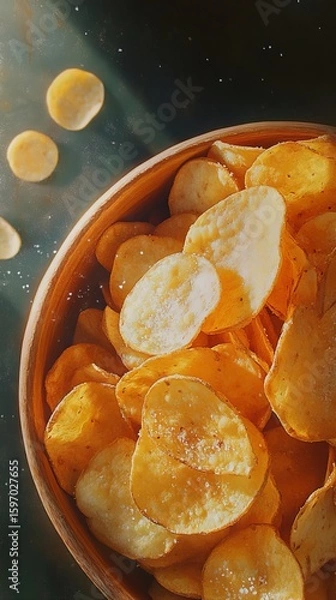 Fototapeta Showcase a tempting real picture of a bowl overflowing with perfectly crisp potato chips, glistening with a light sprinkle of sea salt, capturing their golden color and inviting crunch