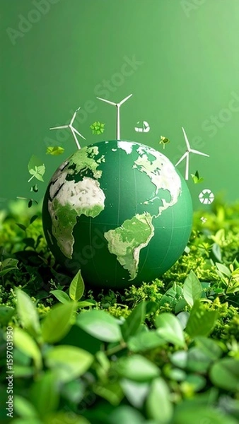 Obraz Green Earth globe, surrounded by foliage and wind turbines, representing sustainability