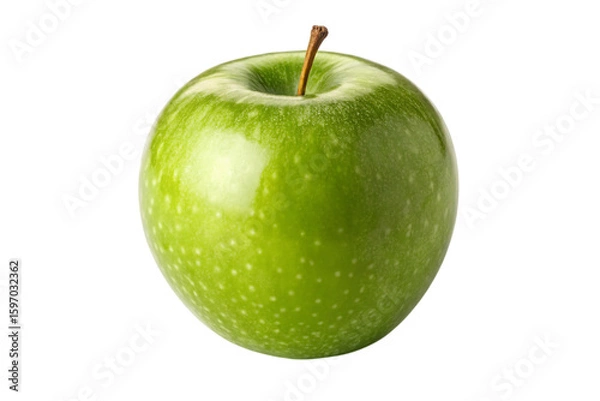 Fototapeta Single vibrant green apple with stem and subtle white speckles against a transparent background