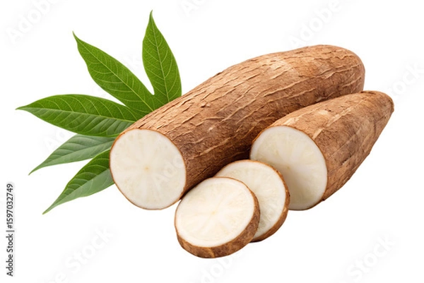 Fototapeta Fresh cassava root with leaves, sliced for cooking and healthy eating