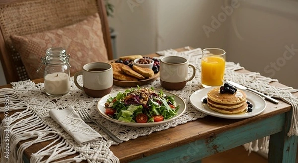 Fototapeta Breakfast table with pancakes salad and orange juice