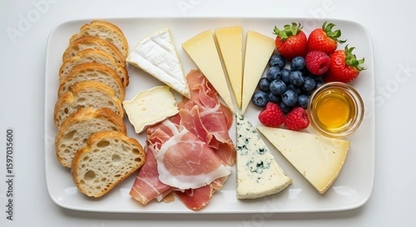 Fototapeta Assorted cheese and fruit platter with bread slices