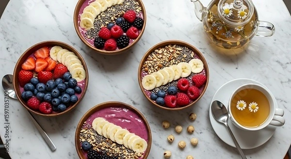 Fototapeta Overhead shot of fruit bowls and tea on marble table