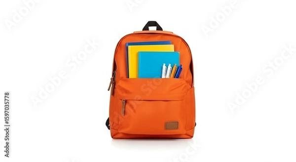Obraz Bright Orange Backpack with Books and Pens - School Essentials for Learning and Adventure Ready for the academic year