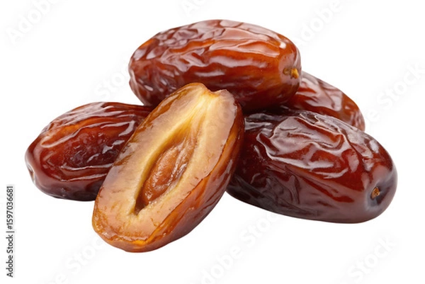 Fototapeta Pile of fresh dates, one date is cut in half revealing its pit and juicy interior