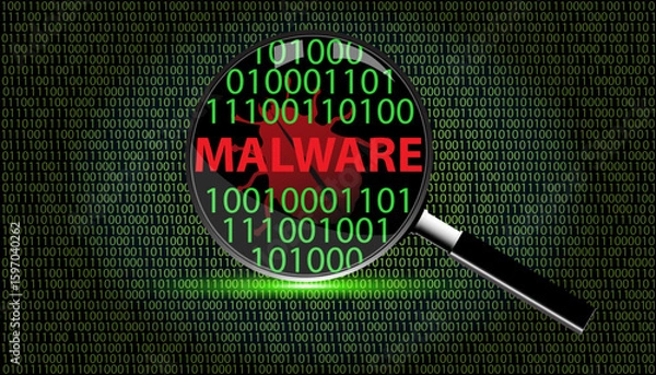Obraz Magnifying Glass Focused on Malware word and Binary code – Cybersecurity Alert Concept.