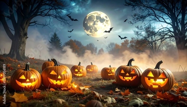 Obraz Halloween jack-o'-lanterns in a misty autumnal forest at night under a full moon