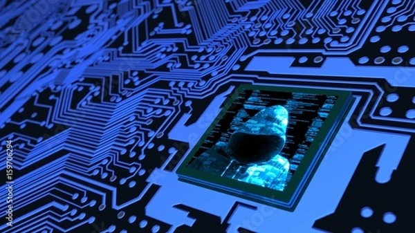 Fototapeta Internet of things cybersecurity concept circuit board with hacker