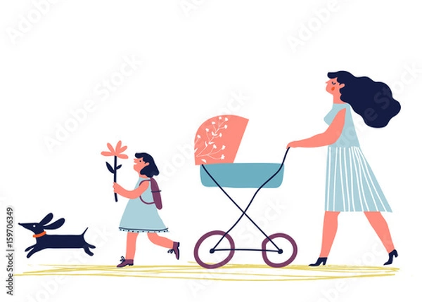 Fototapeta Matka z dzieckiem w wózku. Młoda matka z wózkiem spacerowym z psem i dzieckiem. Ilustracja wektorowa kreatywnych.