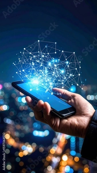 Obraz Hand holding smartphone with glowing network graphic