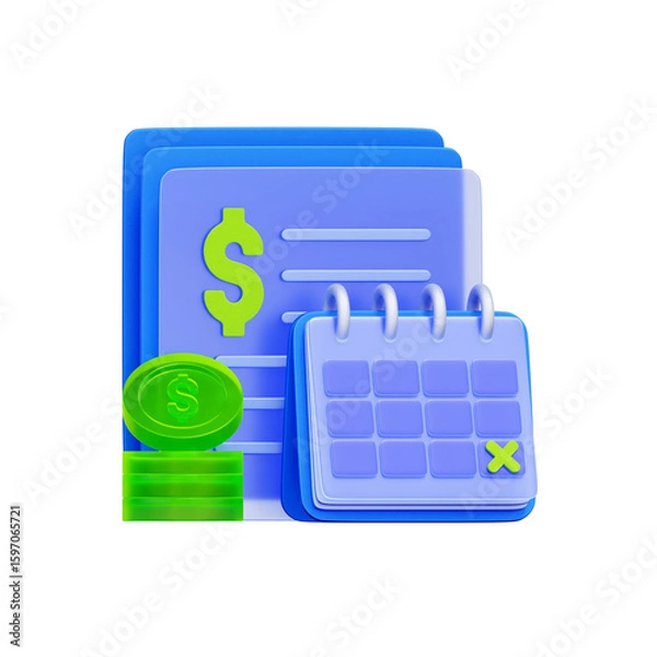 Fototapeta 3D icon of a financial document. with a calendar and stacked dollar coins. For billing dates, payment due, invoice management, and financial record keeping.