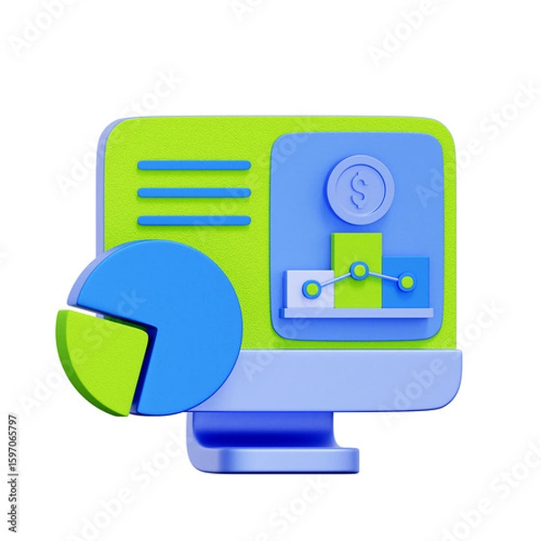 Fototapeta 3D icon of a computer monitor. with a bar chart, a pie chart, and a dollar coin. For financial reporting, data analysis, investment tracking, and business metrics.