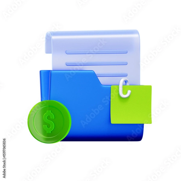 Fototapeta 3D icon of a file folder. with a sticky note and a dollar coin. For financial record keeping, expense documentation, accounting files, and budget reports.