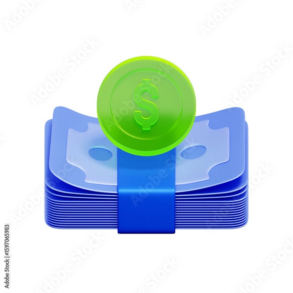 Fototapeta 3D icon of a stack of banknotes. with a dollar coin on top. For cash, wealth, financial assets, investment, and payment.