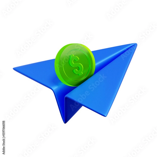 Fototapeta 3D icon of a paper airplane. with a dollar coin on its back. For quick financial transactions, fast payments, digital money transfer, and efficient banking.