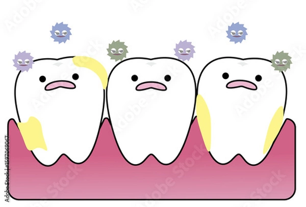 Obraz 汚れとばい菌で歯周病になってしまった歯肉と歯のコミカルなイラスト