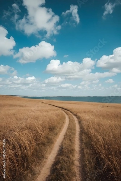Fototapeta Winding dirt road cuts through golden dry grassland leading toward a distant coastline under a vivid blue sky with fluffy white clouds on a clear, peaceful summer day

