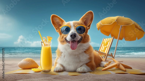 Obraz  Corgi dog on the beach with sunglasses | Summer vacation and fun pet concept