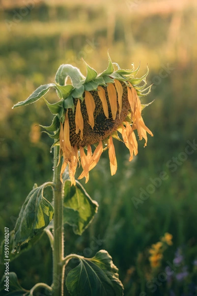 Fototapeta A Withered Sunflower Bowing in Warm Sunset Light Over a Soft-Focused Meadow