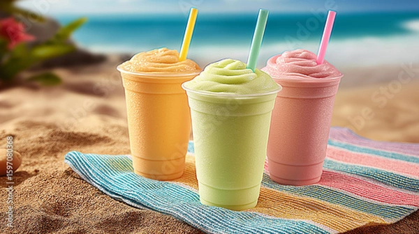 Obraz  Beach Smoothies Trio | Refreshing Summer Drinks on Sand