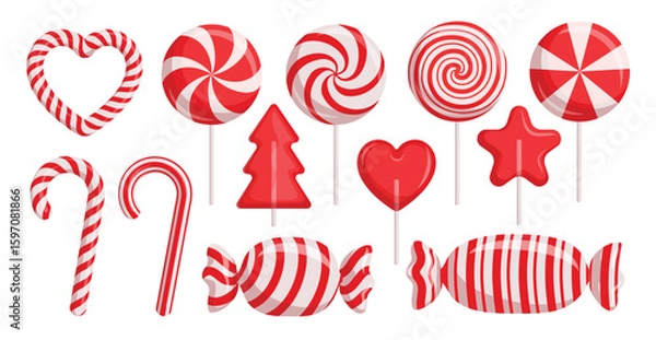 Obraz Candy canes red clipart set. Candy cane, lollipop and peppermint candy clip art collection with shape and pattern like spiral, stripes, swirl, pine tree, heart and star for Christmas holiday sweet 