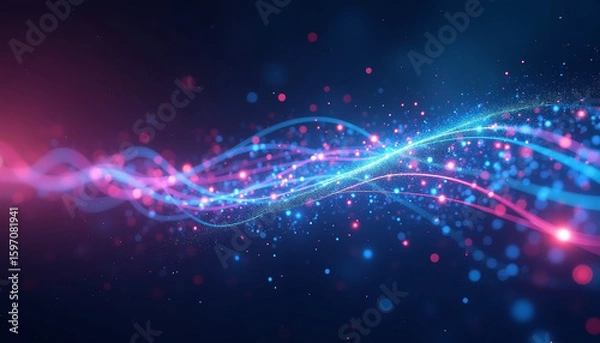 Fototapeta Vibrant Abstract Blue and Pink Particle Flow with Wavy Light Trails and Bokeh Effect