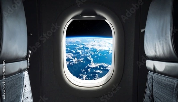Fototapeta Airplane window view Earths atmosphere  stars from above with travel concept.