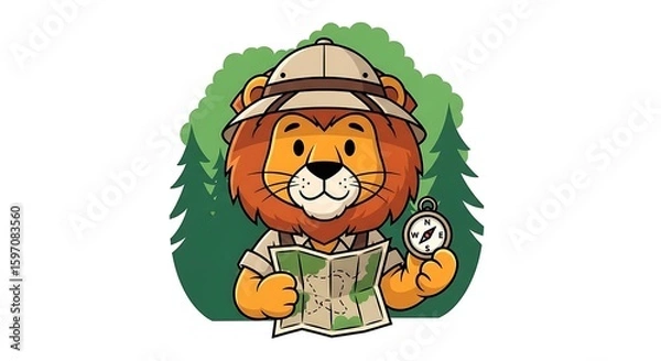 Fototapeta Cartoon lion explorer wearing a pith helmet, holding a map and compass, with a forest background.