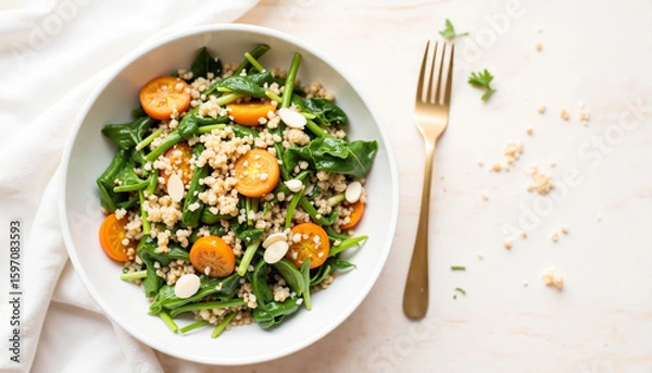 Fototapeta Fresh spinach salad with carrots, quinoa, and sliced almonds  