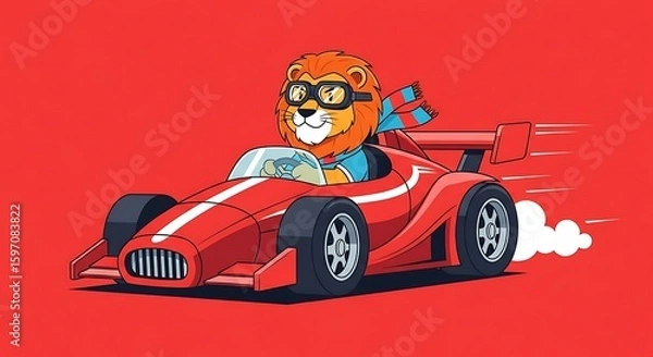 Fototapeta A lion in aviator goggles speeds along in a red race car.