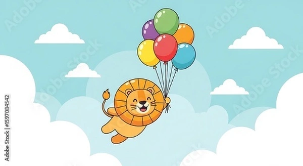 Fototapeta A cheerful lion cub joyfully floats among fluffy clouds, holding a bunch of colorful balloons.