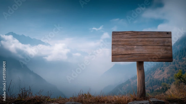 Obraz  Blank wooden signboard in mountains | Empty rustic board for text with scenic background