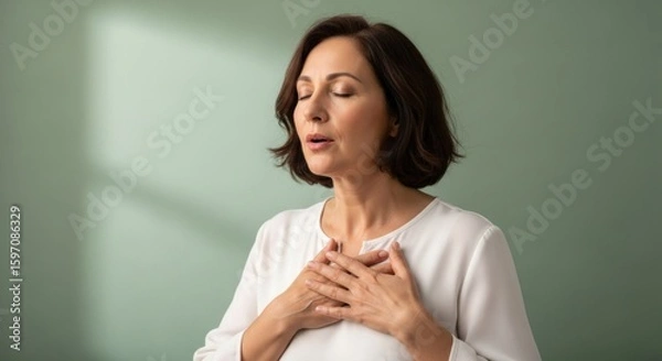 Obraz Serene mature woman with closed eyes practices mindfulness, hands gently resting on her chest in a calming pose, promoting wellness and inner peace for a tranquil moment.