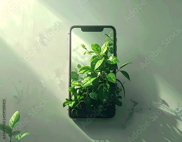 Fototapeta A smartphone sprouting green leaves, representing tech and nature fusion.