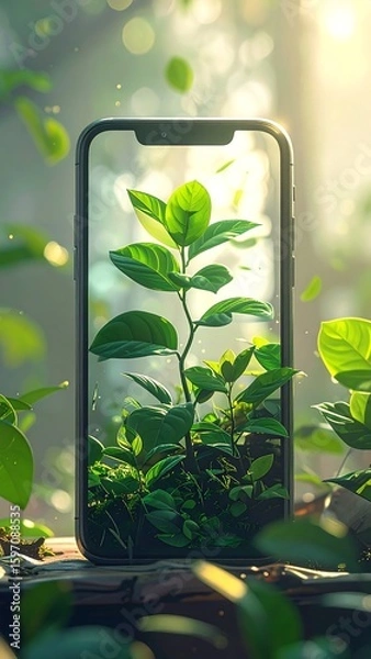 Fototapeta A smartphone sprouting green leaves, representing tech and nature fusion.