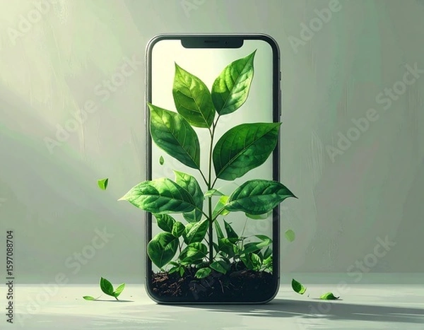 Fototapeta A smartphone sprouting green leaves, representing tech and nature fusion.