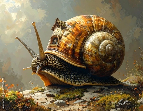 Fototapeta A real house on a snail shell, metaphor of burden and mobility